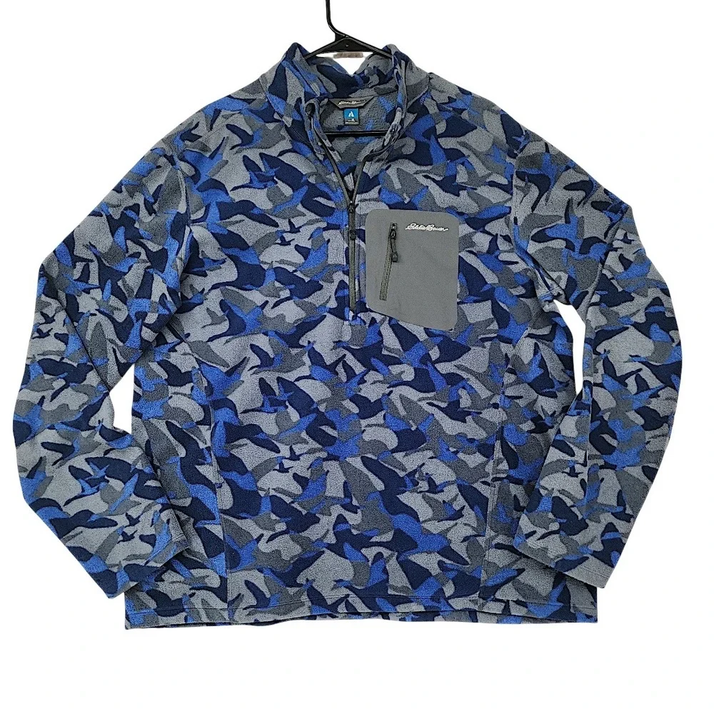 Eddie Bauer First Ascent 1/4 Zip Fleece XL Mens Blue Goose Bird Camo Pullover